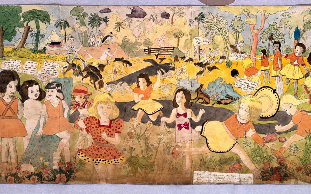 Генри Даргер. 216. У Дженни Ричи, между 1930 и 1972 гг., калька, акварель, коллаж на бумаге, 61 х 272 см. На снимке фрагмент. Фото Collection de l'Art Brut, Lausanne, © Kiyoko Lerner / 2020, Prolitteris, Zurich