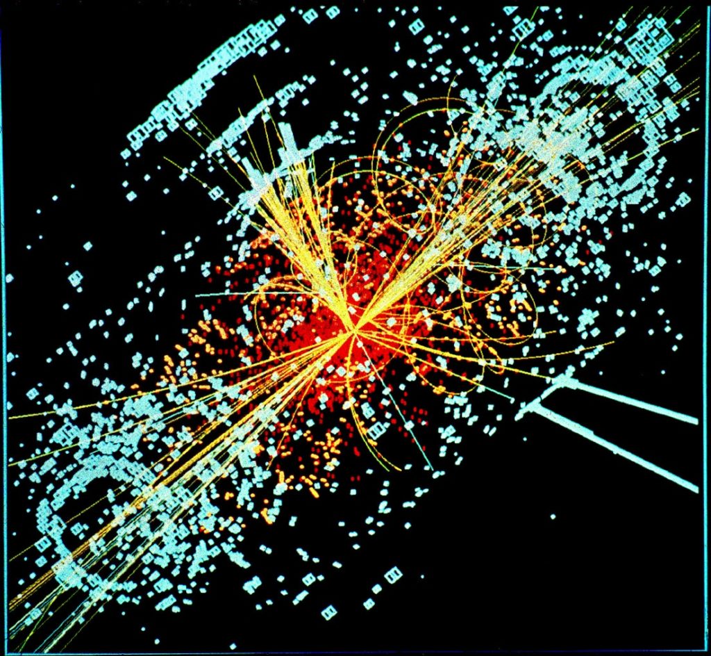 Моделирование, показывающее появление бозона Хиггса при столкновении двух протонов. (CERN)