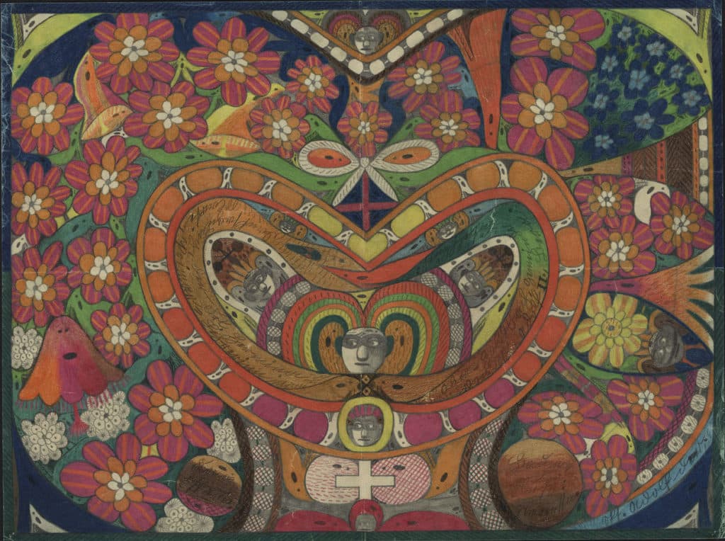 Адольф Вёльфли. Терновый венец Розали в форме сердца, 1922, цветной карандаш и графит на бумаге, 50.5 х 67 см. Фото Marie Humair. Collection de l'Art Brut, Lausanne