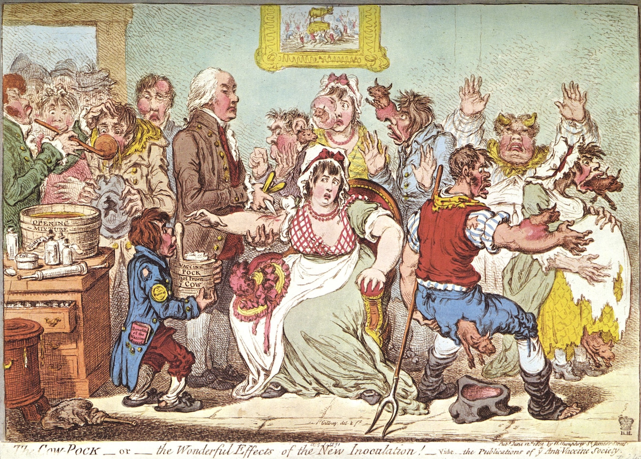 В начале XIX века люди боялись, что вакцина против оспы превратит их в коров. Этого не случилось. Зато в 1980 году официально объявили, что мир свободен от оспы. James Gillray, «Коровья оспа или чудесные эффекты новой прививки», 1802 г. (© Creative Commons)