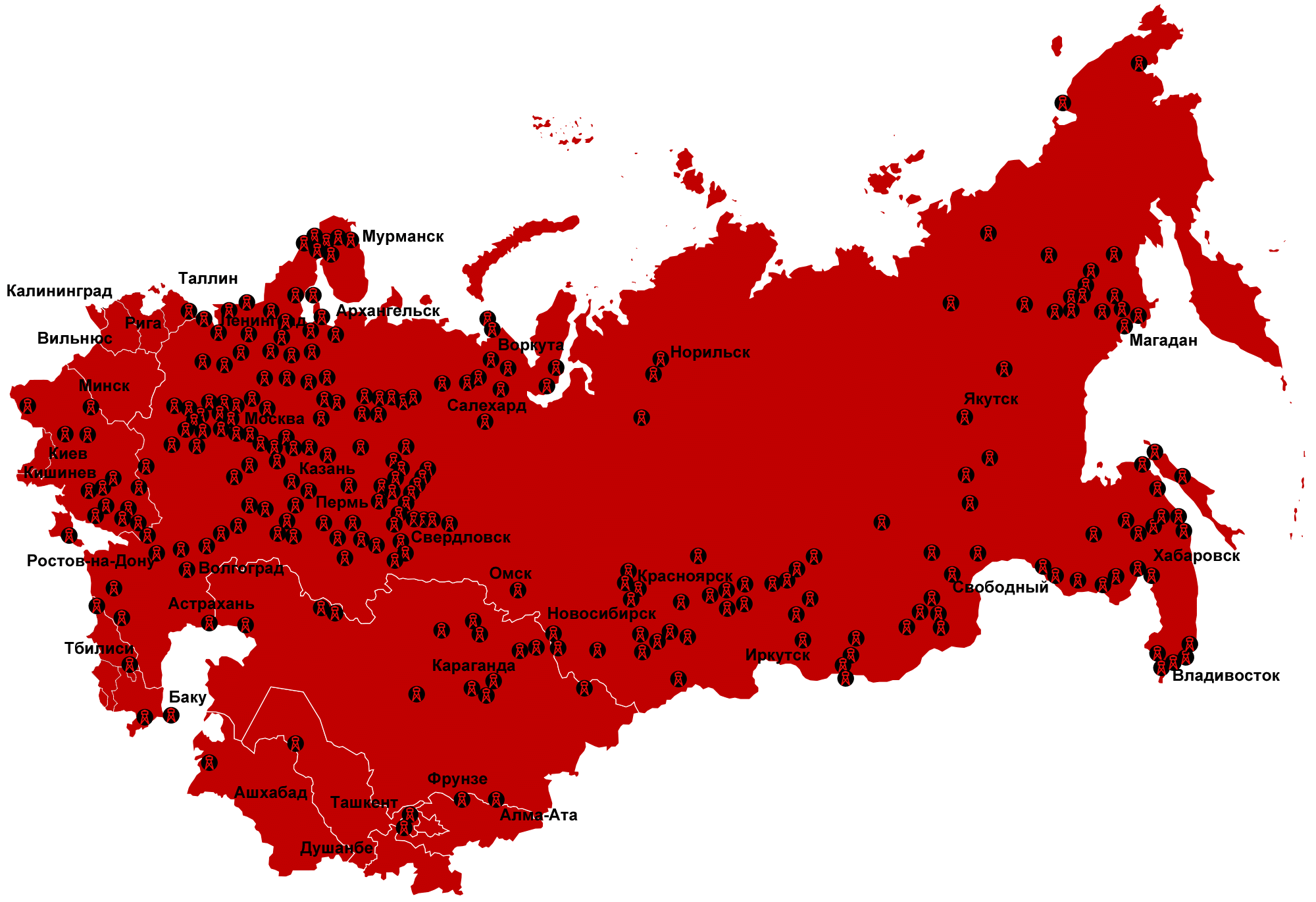 Сводная карта лагерей системы ГУЛАГа, существовавших с 1923 по 1967 год, на основании данных правозащитного общества «Мемориал». 16 августа 2011 г. (Antonu, общественное достояние)
