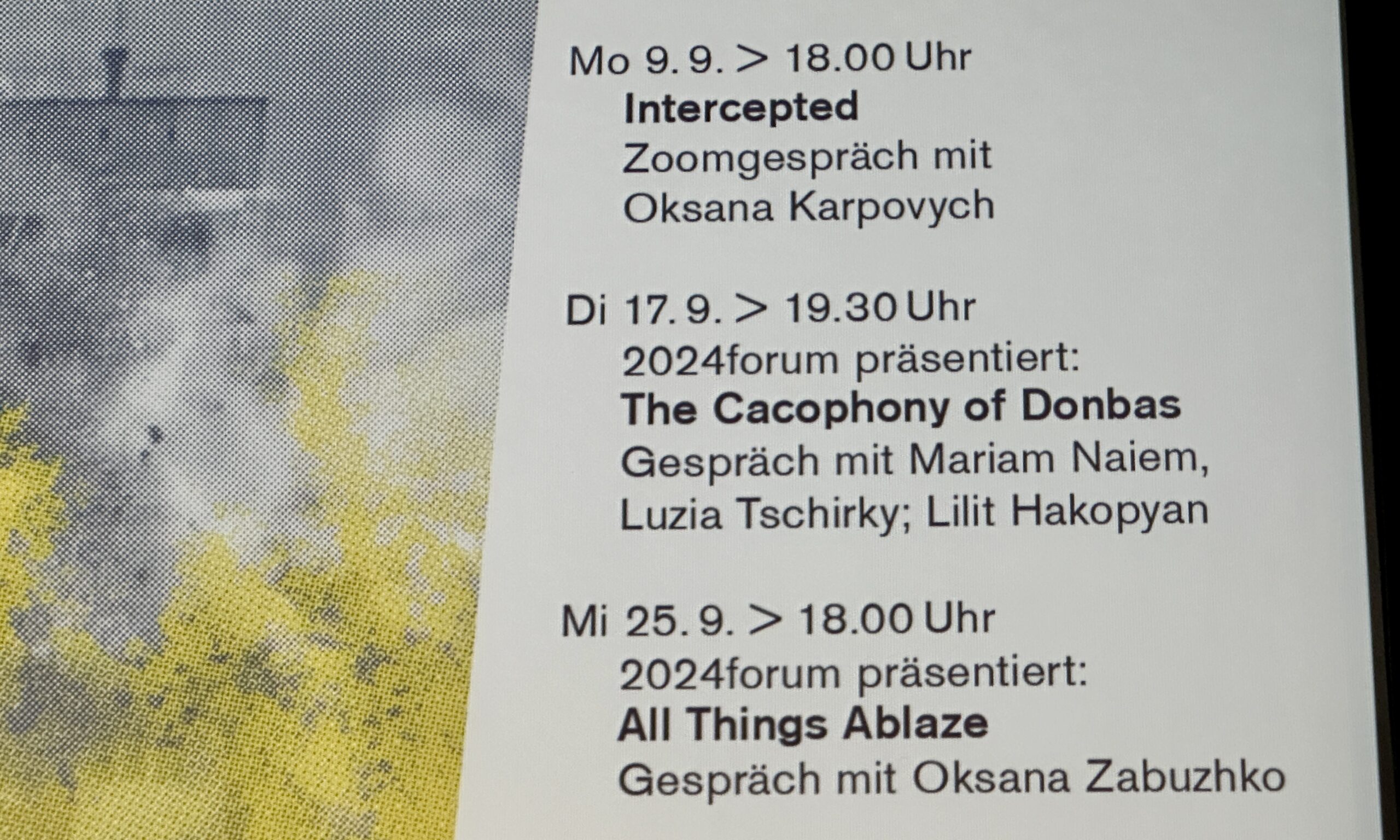 9 сентября - встреча с документалисткой Оксаной Карпович. 17-го - тележурналисткой Луцией Чирки (Luzia Tschirky), 25-го в «Kino Xenix» приглашена украинская писательница и поэтесса Оксана Забужко. 29 августа 2024 г. (© forall.swiss)