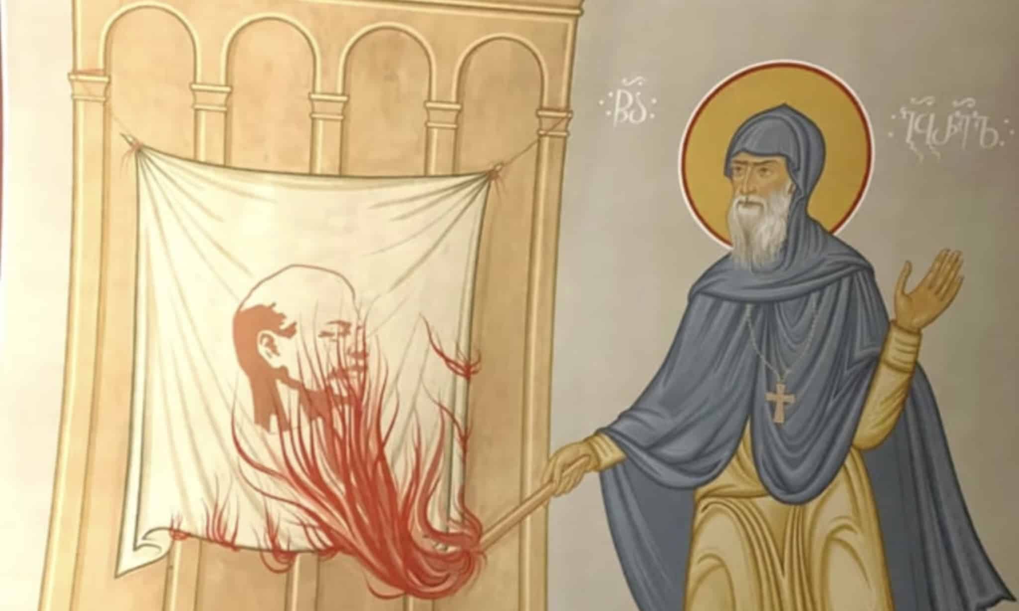 Кахабер Донадзе. Фреска «Преподобный Гавриил Ургебадзе сжигает портрет Ленина». Храм преподобного Гавриила, Тбилиси. (Courtesy Photo)